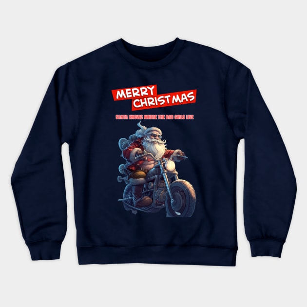 Santa Celebrate Christmas With Motorcycle Crewneck Sweatshirt by FrogandFog